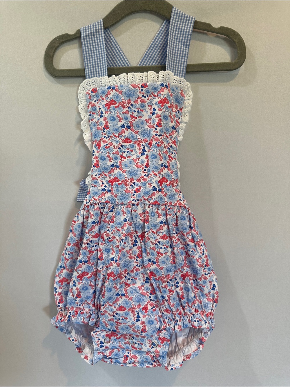 Floral Blue & Pink Bubble Romper with Gingham Straps